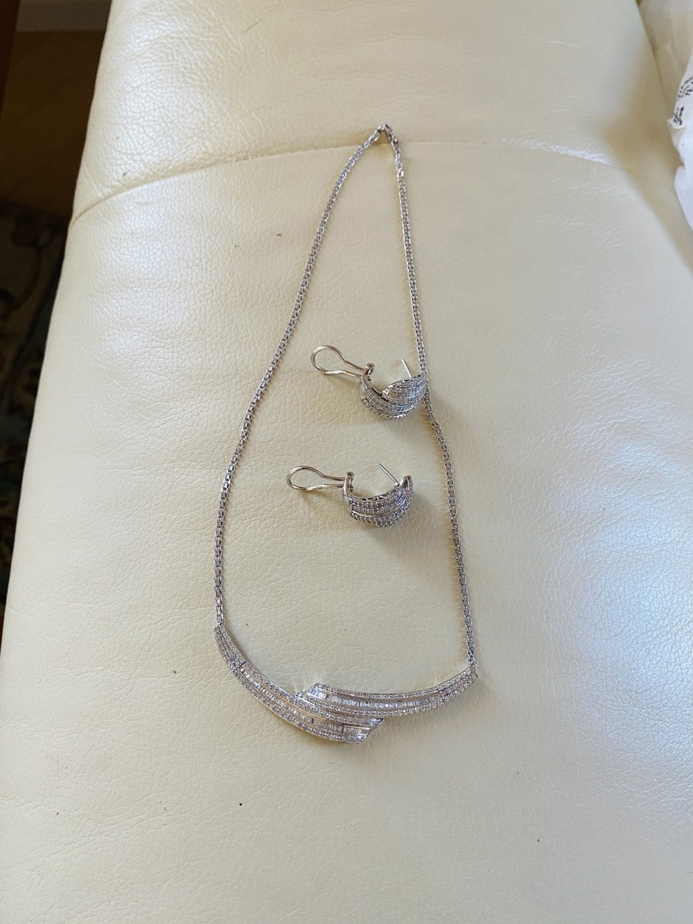 Genuine Pavé Diamond Necklace and Hoop Earring Set - Sterling Silver 22.68g/.8oz
